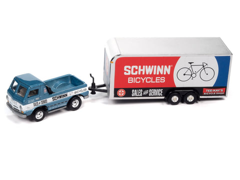 1965 Dodge A-100 Pickup w/Enclosed Trailer Schwinn Horizon Blue Poly Johnny Lightning - Big J's Garage