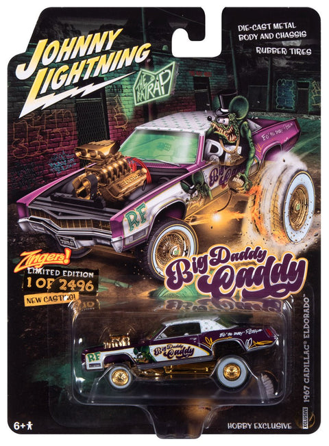 1967 Cadillac Eldorado Zinger Rat Fink Purple Body Color with White Roof & RAT FINK character and logos Johnny Lightning - Big J's Garage