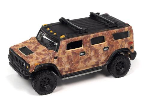 1969 Chevrolet Blazer-Saddle Poly w/White Roof and 2004 Hummer H2-Brown Camo Wrap 2-Pack Johnny Lightning - Big J's Garage