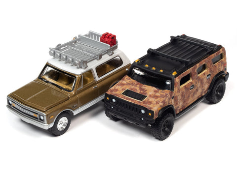 1969 Chevrolet Blazer-Saddle Poly w/White Roof and 2004 Hummer H2-Brown Camo Wrap 2-Pack Johnny Lightning - Big J's Garage