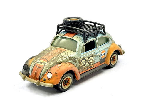 1970 Volkswagen Bettle Gulf Weathered with Rack Johnny Lightning Mijo Exclusives - Big J's Garage