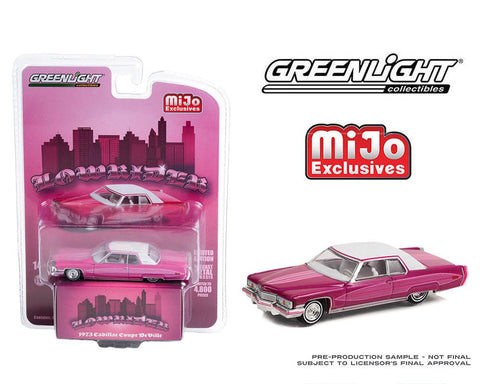 1973 Cadillac Coupe Deville Pink with White Top Greenlight Collectibles Mijo Exclusive - Big J's Garage