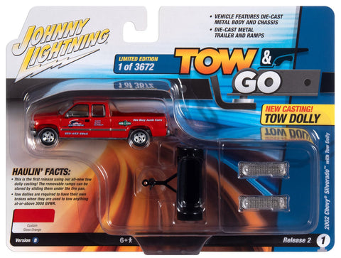 2002 Chevrolet Silverado Extended Cab w/Tow Dolly Molly Orange Johnny Lightning - Big J's Garage