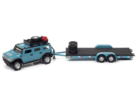 2004 Hummer H2 w/Open Trailer Ocean Blue Johnny Lightning - Big J's Garage