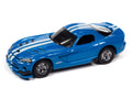 2008 Dodge Viper SRT 10 Metallic Blue with White Stripes 2014 Dodge Challenger R/T White and Mopar Blue Logo & Stripes Johnny Lightning - Big J's Garage