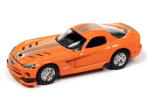 2008 Dodge Viper SRT 10 Very Viper Orange with Silver Stripes 2014 Dodge Challenger R/T Platinum w/ Red Hellephant & Mopar Logo in Red + Red Stripes Johnny Lightning - Big J's Garage