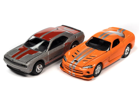 2008 Dodge Viper SRT 10 Very Viper Orange with Silver Stripes 2014 Dodge Challenger R/T Platinum w/ Red Hellephant & Mopar Logo in Red + Red Stripes Johnny Lightning - Big J's Garage