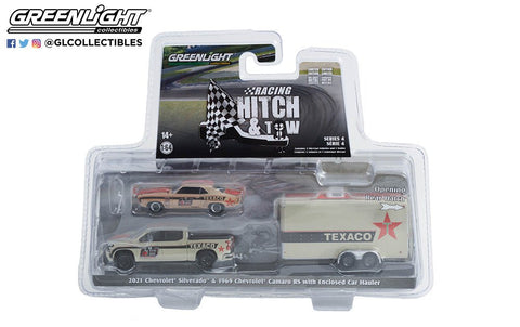 2021 Chevrolet Silverado and 1969 Chevrolet Camaro RS - Texaco #18 - 2021 OPTIMA Ultimate Street Car National Champion - GTV Class with Enclosed Car Hauler Greenlight Collectibles - Big J's Garage