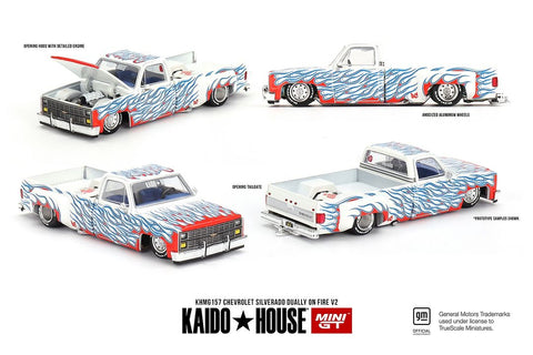 Chevrolet Silverado Dually on Fire V2 White With Flames Kaido House x Mini GT - Big J's Garage