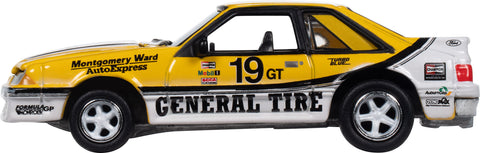  1988 Ford Mustang GT General Tire Saleen - Upper Yellow &amp; White Sides Johnny Lightning Assortment W/ Collector Tin 2024 Release 1 Version A & B - Big J's Garage