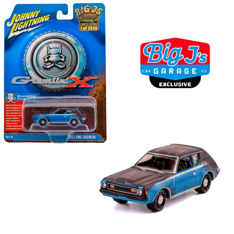 1971 AMC Gremlin X Blue With White Stripe 'Patina' Big J's Garage Exclusive Johnny Lightning Diecast Model - Big J's Garage