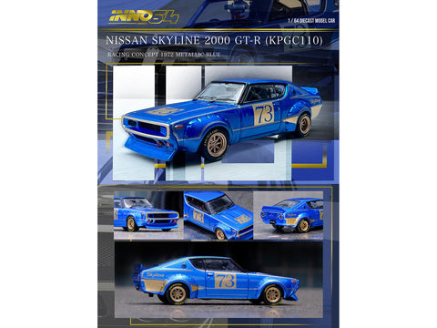 Nissan Skyline 2000 GT-R (KPGC10) RHD (Right Hand Drive) #73 Blue Metallic "Racing Concept" 1/64 Inno 64 - Big J's Garage