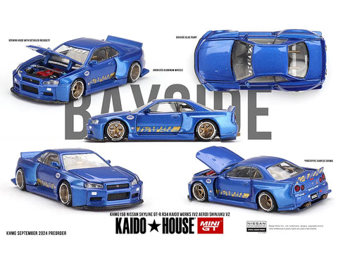 Nissan Skyline GT-R R34 Kaido Works V2 Aero Shinjuku V2 Blue Kaido House x Mini GT - Big J's Garage