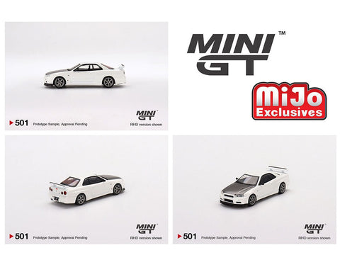 Nissan Skyline GT-R R34 V-Spec II N1 White Mini GT Mijo Exclusive - Big J's Garage