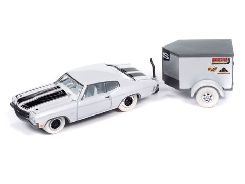 (Pre-Order) 1970 Chevrolet Chevelle w/Enclosed Trailer Bryant Goldstone Silver w/Black Stripes Johnny Lightning - Big J's Garage