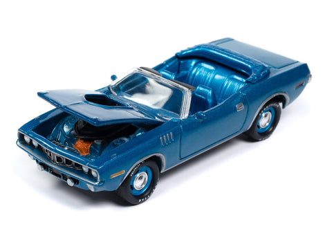 (Pre-Order) 1971 Plymouth Cuda Convertible Blue Fire Metallic Johnny Lightning - Big J's Garage