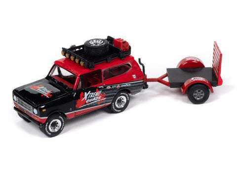 1979 International Scout w/Open Trailer Xtreme Quads Red & Black Johnny Lightning - Big J's Garage