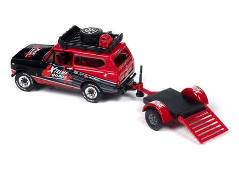 1979 International Scout w/Open Trailer Xtreme Quads Red & Black Johnny Lightning - Big J's Garage