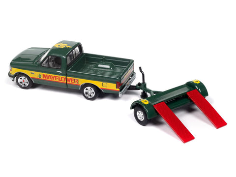 1993 Ford F-150 Truck w/Tow Dolly Mayflower Dark Green & Yellow Johnny Lightning - Big J's Garage