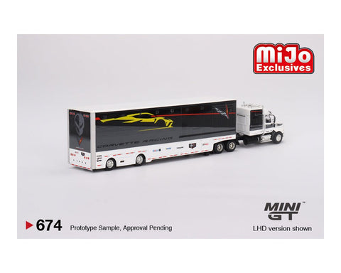 (Pre-Order) Chevrolet Corvette C8R Racing Cars with Western Star Transporter Mini GT Mijo Exclusive - Big J's Garage