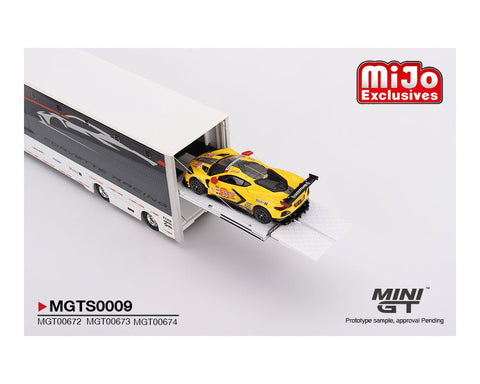 (Pre-Order) Chevrolet Corvette C8R Racing Cars with Western Star Transporter Mini GT Mijo Exclusive - Big J's Garage