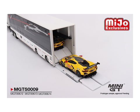 (Pre-Order) Chevrolet Corvette C8R Racing Cars with Western Star Transporter Mini GT Mijo Exclusive - Big J's Garage