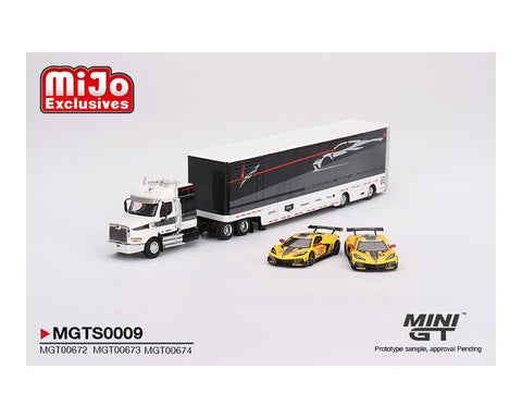 (Pre-Order) Chevrolet Corvette C8R Racing Cars with Western Star Transporter Mini GT Mijo Exclusive - Big J's Garage