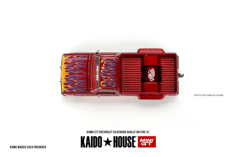 (Pre-Order) Chevrolet Silverado Dually on Fire V1 Red With Flames Kaido House x Mini GT - Big J's Garage