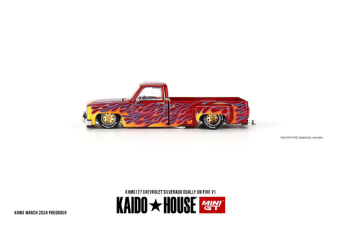 (Pre-Order) Chevrolet Silverado Dually on Fire V1 Red With Flames Kaido House x Mini GT - Big J's Garage