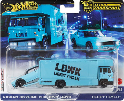 (Pre-Order) Nissan Skyline 2000 GT-R LBWK and Fleet Flyer Liberty Walk Hot Wheels Team Transport - Big J's Garage