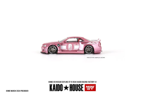 (Pre-Order) Nissan Skyline GT-R (R34) Kaido Racing Factory V1 - Pink Kaido House x Mini GT - Big J's Garage