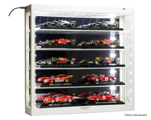 Showcase 5-Tier LED Wall Mountable Display Case – White Case with Mirror Rear Panel – MiJo Exclusives - Big J's Garage